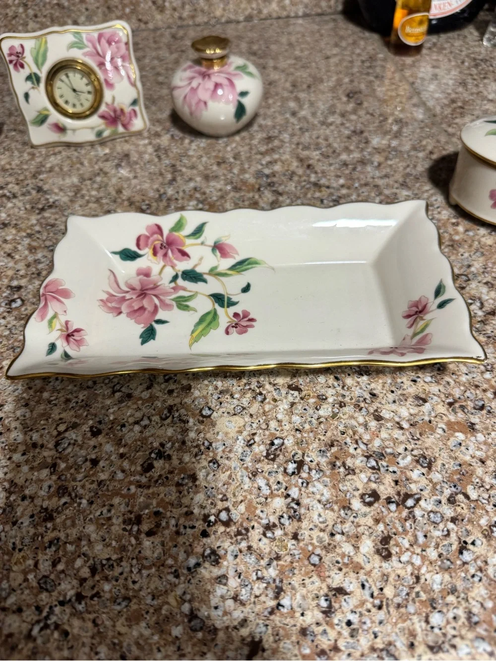 Lenox Pink Floral Porcelain Vanity Set with Gold Trim